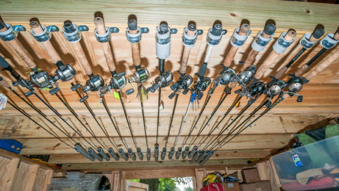 Hanging rods from the ceiling of your storage shed keeps them out of the way and prevents damage.