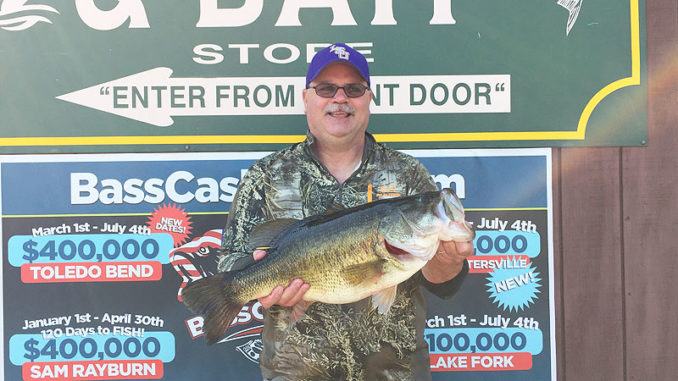 Darren Burns, of Moss Bluff, shows off the 10.27-pound lunker bass he landed on March 20 near Mill’s Creek — the first of four lunkers landed on what proved to be an epic day at Toledo Bend.