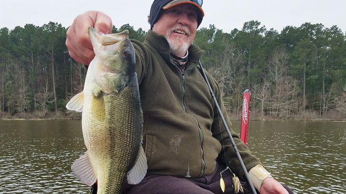 This angler holds a 3-pound-plus bass he caught on a spinnerbait while fishing with Dean the last week of February at Toledo Bend. They were fishing in Torro Bay.