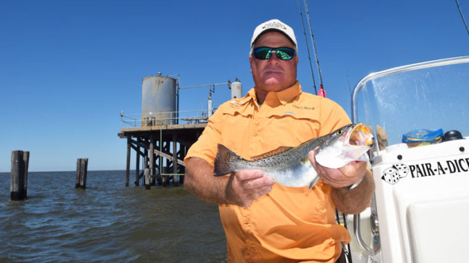 Capt. Herk Bergeron often fishes the Timbalier Rigs to catch trout in the spring.