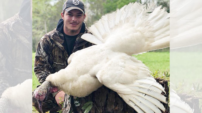 Hunter Waltman of Kiln, Miss., killed this solid white gobbler on March 17, 2019.