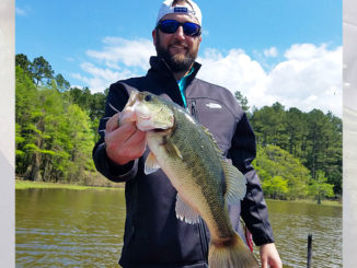 Trey Ledet, out on Toledo Bend with his dad, Eugene Ledet, holds a chunky bass caught while dead sticking a Zoom Super Fluke while fishing with John Dean over Easter weekend.