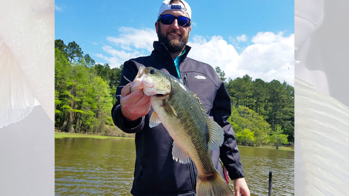 Trey Ledet, out on Toledo Bend with his dad, Eugene Ledet, holds a chunky bass caught while dead sticking a Zoom Super Fluke while fishing with John Dean over Easter weekend.