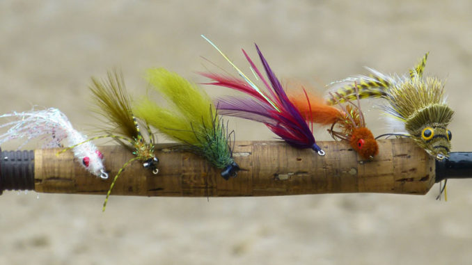 A few of the author's favorite second season bass flies, left to right, Coma Cocaho, Yukbugger Y2K, Moss Kray Phish, SR71 Seaducer, Wilson's Bass Bully, Dahlberg Diver.