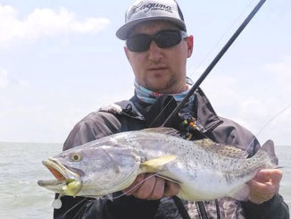 The author landed this nice speckled trout on a Megabass Darksleeper, a Goby-type soft-plastic bait.