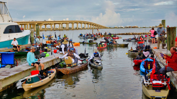 RTB kayak anglers gather at Wake Side marina for last minute preparations before the shotgun start of the tournament.