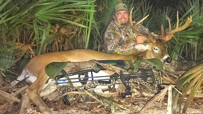 Caleb Guin shows off the big Bienville Parish 9-point buck he arrowed on Oct. 11 near Castor. The 4 ½-year-old deer had an inside spread of almost 21 inches, and green scored 140 5/8 inches of bone. (Photo courtesy of Caleb Guin)