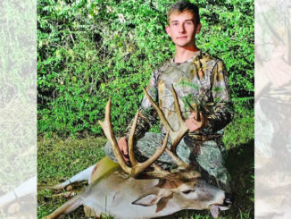 Hunter Greer, 17, of Creola, shows off the big 8-point buck he stuck on Oct. 9 near his home in Grant Parish. The Grant High School senior made a 30-yard shot from a lean-on stand, and his Gold Tip arrow and G5 Havoc broadhead clipped the deer’s heart.