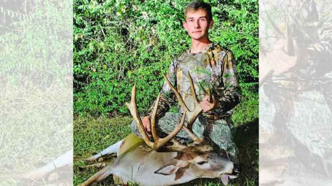 Hunter Greer, 17, of Creola, shows off the big 8-point buck he stuck on Oct. 9 near his home in Grant Parish. The Grant High School senior made a 30-yard shot from a lean-on stand, and his Gold Tip arrow and G5 Havoc broadhead clipped the deer’s heart.