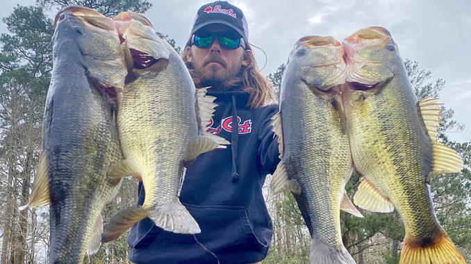 Hunter Freeman hit the 30-pound mark on four largemouth at Caney this past weekend, thanks to a eight pound + kicker fish.