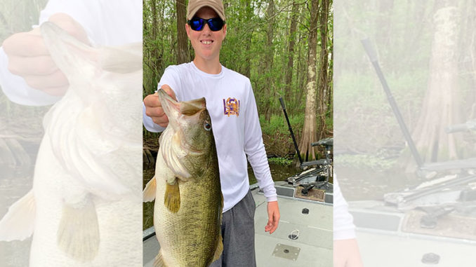 Andre Weber holds an 8.50-pound bass he caught while fishing March 22 in Lake Fausse Pointe. Weber is having a heckuva month. In early March he caught a 5 1/2-pounder, his previous personal best, in Sandy Cove, a notorious spawning area in the lake. On March 19, he caught a 7.25-pounder along the levee on a spinnerbait. Three days later this 'hawg' bit on a Strike King Hack Attack Jig while he was fishing with his brother and their grandfather, Larry Ransonet. All three bass were released. (Photo courtesy Andre Weber)