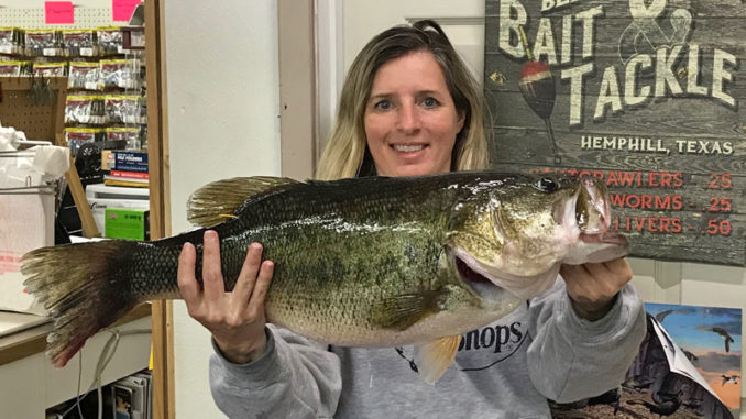 Leesville’s Tabatha Green displays her Toledo Bend 10.21-pounder taken on a Zoom Brush Hog in Palo Gaucho March 28. (Photo courtesy of Toledo Bend Lake Association)