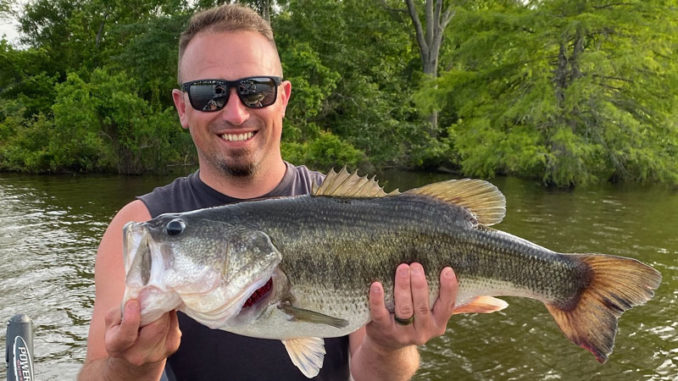 Ville Platte’s Jake Ortego displays his Toledo Bend lunker bass weighing exactly 10.0 pounds taken in San Miguel Cove May 12, 2020. Ortego caught his fish on a Texas-rigged Missile D Stroyer. (Photo courtesy of the Toledo Bend Lake Association)
