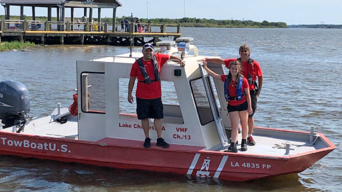 (Left to right) Capt. Frank Billiot, Deckhand Shea Savoy and Capt. Thomas Savoy of TowBoatUS Lake Charles.