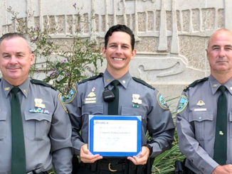 Corporal Joshua Laviolette (middle) with the 2020 NASBLA Boating Law Enforcement Officer of the Year award with Lt. David Nunez (left) and Capt. Stephen McManus.