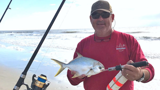 Florida pompano are a surf fisherman’s dream fish: aggressive, hungry and a good test on light tackle. Just don’t cast too far. (Photo by Brian Cope)