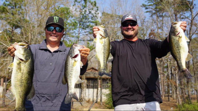 Cliff Crochet (right) and fellow bass pro Tyler Stewart caught these nice largemouth on a fun “off day” of fishing on Caney last year.