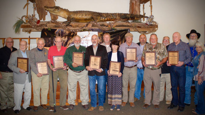 Inductees and special award winners at the 2021 Louisiana Chapter Legends of the Outdoors banquet held this weekend. Left to right: Kinny Haddox, Glynn Harris, Joe Macaluso, Bo Dowden, Warren Coco, Cory Gilbert, Scott Hall, Lisa Cuccia, Dale Bordelon, Peyton McKinnie, Leon Stilley, Johnny Wink, Warren Womack, Dan DeWitt and Ronda Johnson.