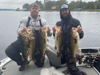 Dusty Mobley and Brennan Flick caught this five-fish stringer weighing 36.50 pounds and released them back into Caney. Then they went back out and added an 8 pounder to push their top five over 40 pounds after culling their smallest weighing fish from the catch.
