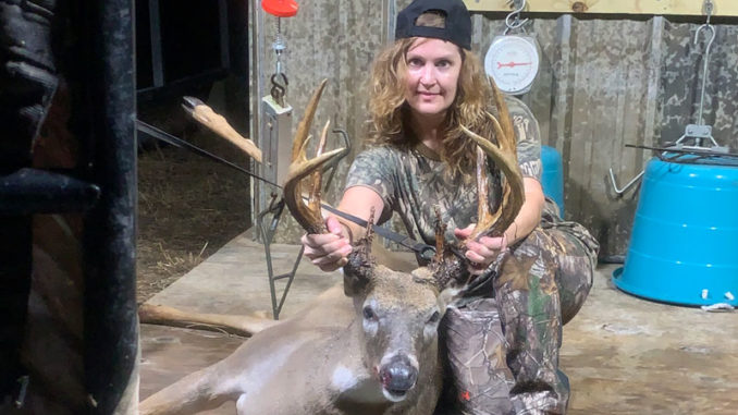 Dedria Brashear of Ruston bagged this big-bodied 12-point buck at her hunting club in Madison Parish on Oct. 12.