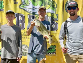 2022 Big Bass Rodeo Adult Bass Winners - 1st place Scott Daigle with a 5.57-pound bass, 2nd place Justin Landry, 3rd place Luke Greer. (Photo courtesy LDWF)