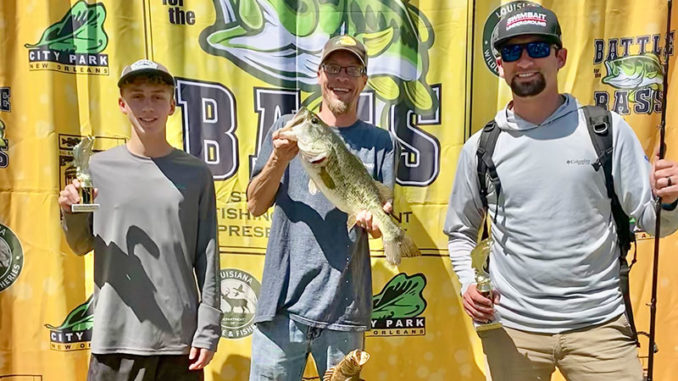 2022 Big Bass Rodeo Adult Bass Winners - 1st place Scott Daigle with a 5.57-pound bass, 2nd place Justin Landry, 3rd place Luke Greer. (Photo courtesy LDWF)
