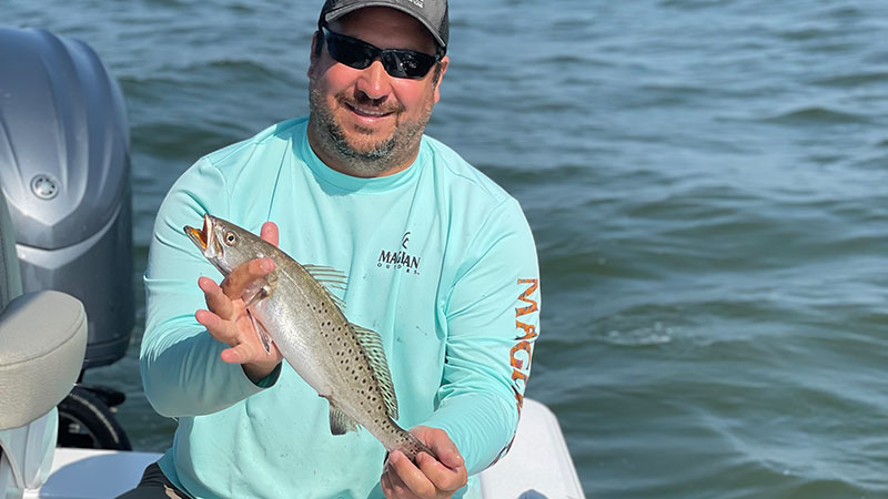 Michael Kuhn catching specks using live shrimp on his birthday, May 27, 2023, off the rigs of Cocodrie.