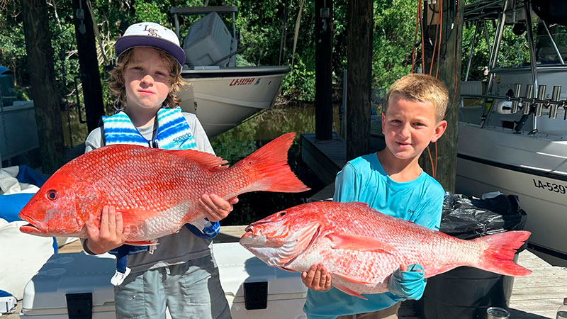 Brothers Carter Barnett and Madden Walker from Texas did the work on these red snapper out of Venice with their Pee-Paw, Charlie Barnett.