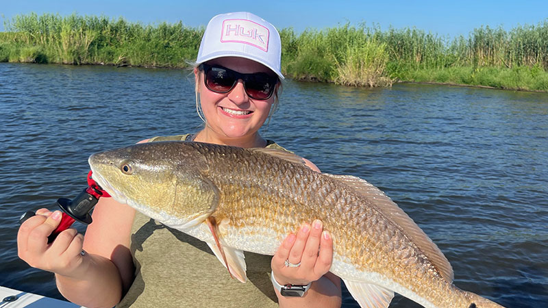 Morgan Norman caught her first redfish on July 28, 2023 in Lafitte, La. She was using a Redfish Magic Spinnerbait.