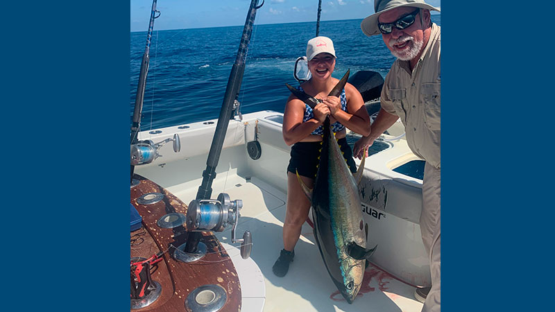 Audrey Andrus caught this yellowfin tuna out of Venice on Aug. 12, 2023.