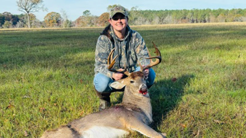 Nancy Blanchard with her buck killed in Athens, La., Claiborne Parish, on Dec. 3, 2023.